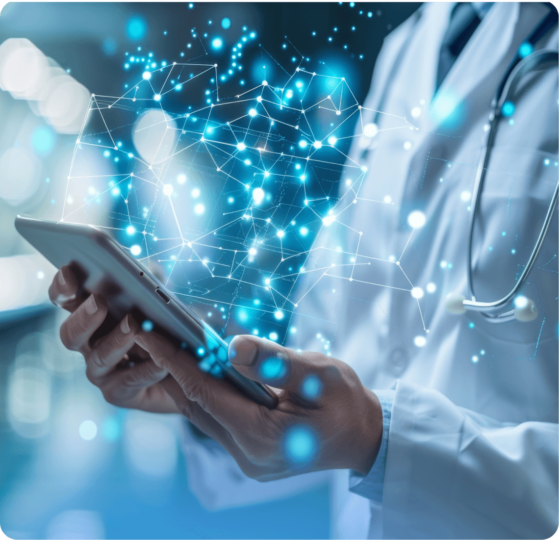 Hands holding a glowing mobile device with blue lighting effects